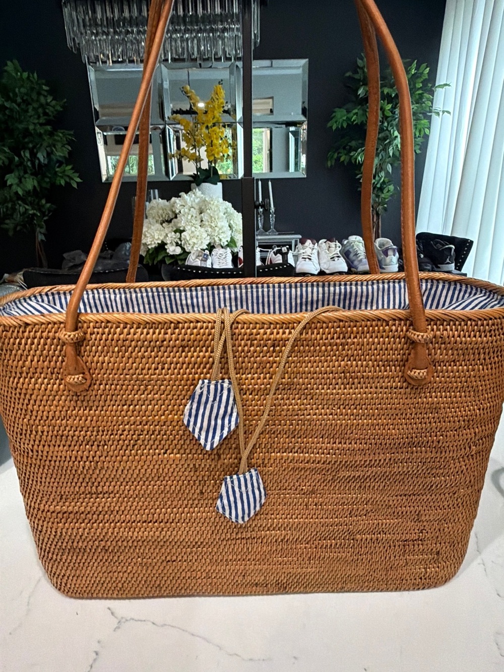 Poppy + Sage Woven Straw Tote Bag with Blue-White Stripe Lining